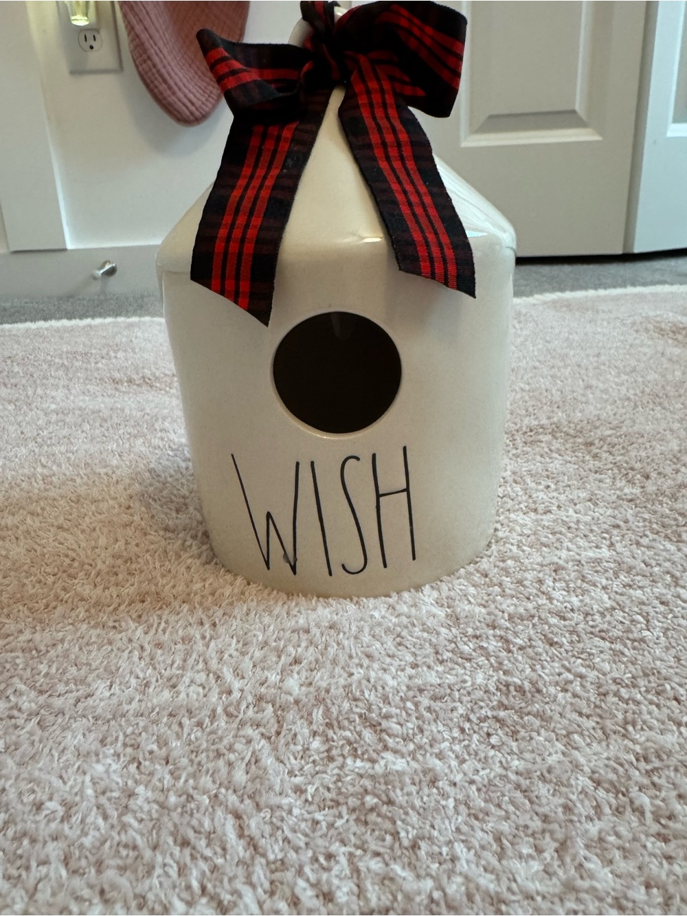 Rae Dunn WISH Ceramic Birdhouse Home Decor White Plaid Ribbon
